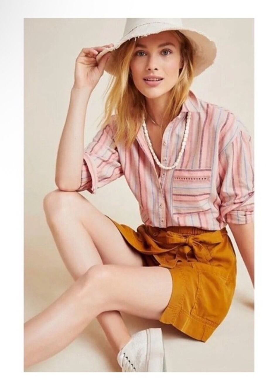 Maeve Women’s Lida Crochet Shirt Small Pink Stripe Linen Cotton Anthropologie
